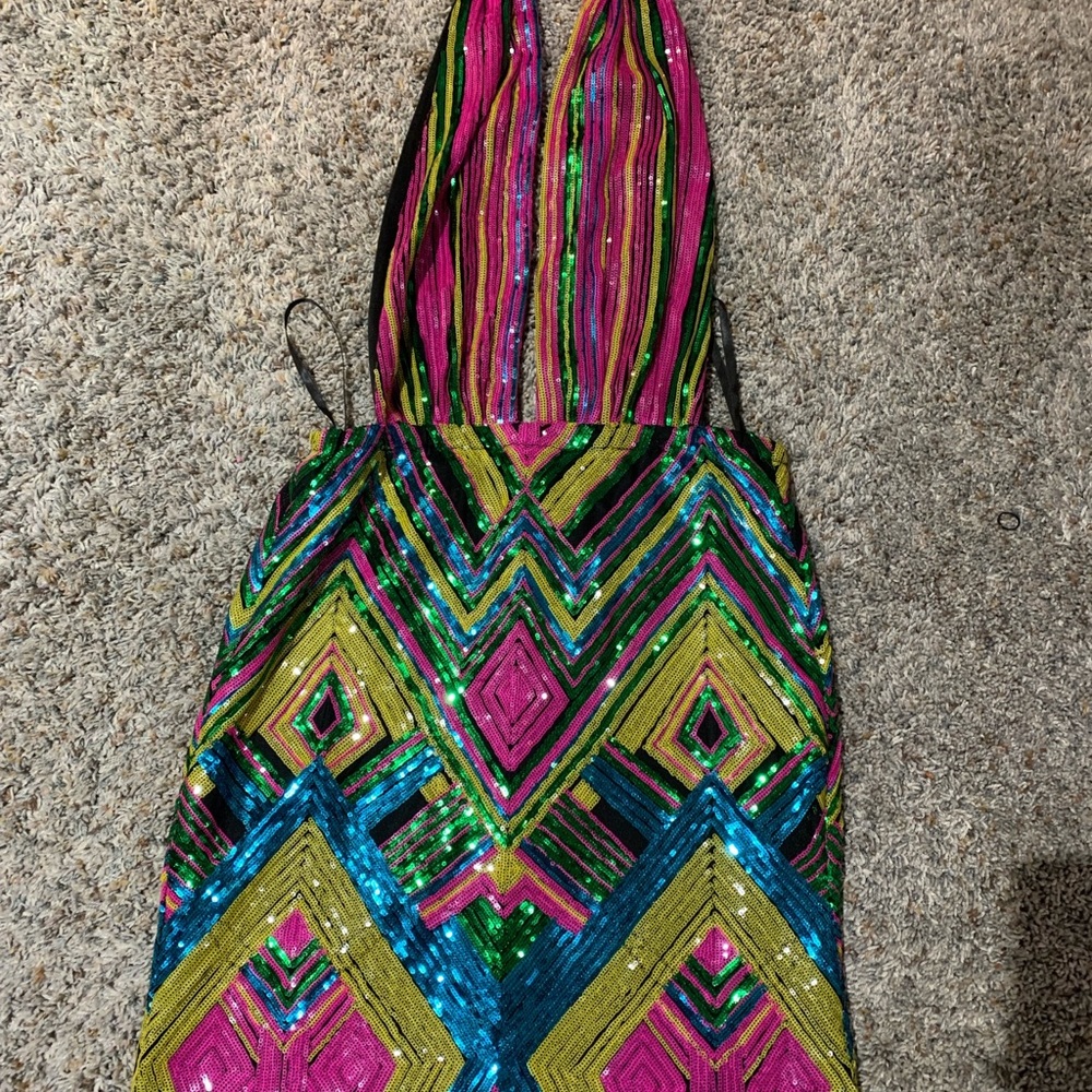 Pink multi color sequin mini dress